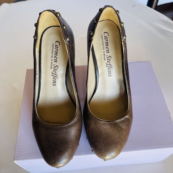 Carmen Steffens Handcrafted Brown High Heel Platform Pumps -  Size 4 New W/O Box - Picture 2 of 8